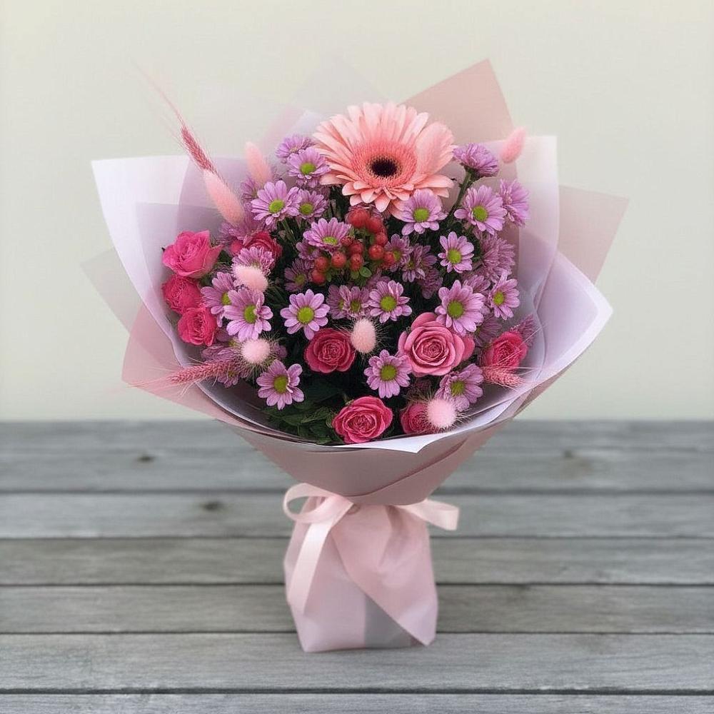 Букет цветов из: Розы, Герберы и Хризантемы в Карабаново