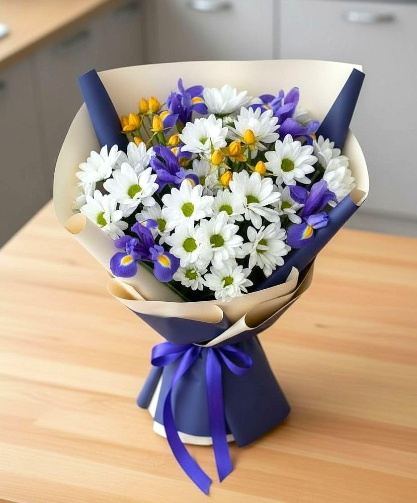 Букет цветов из: Розы, Ирисы и Хризантемы в Карабаново