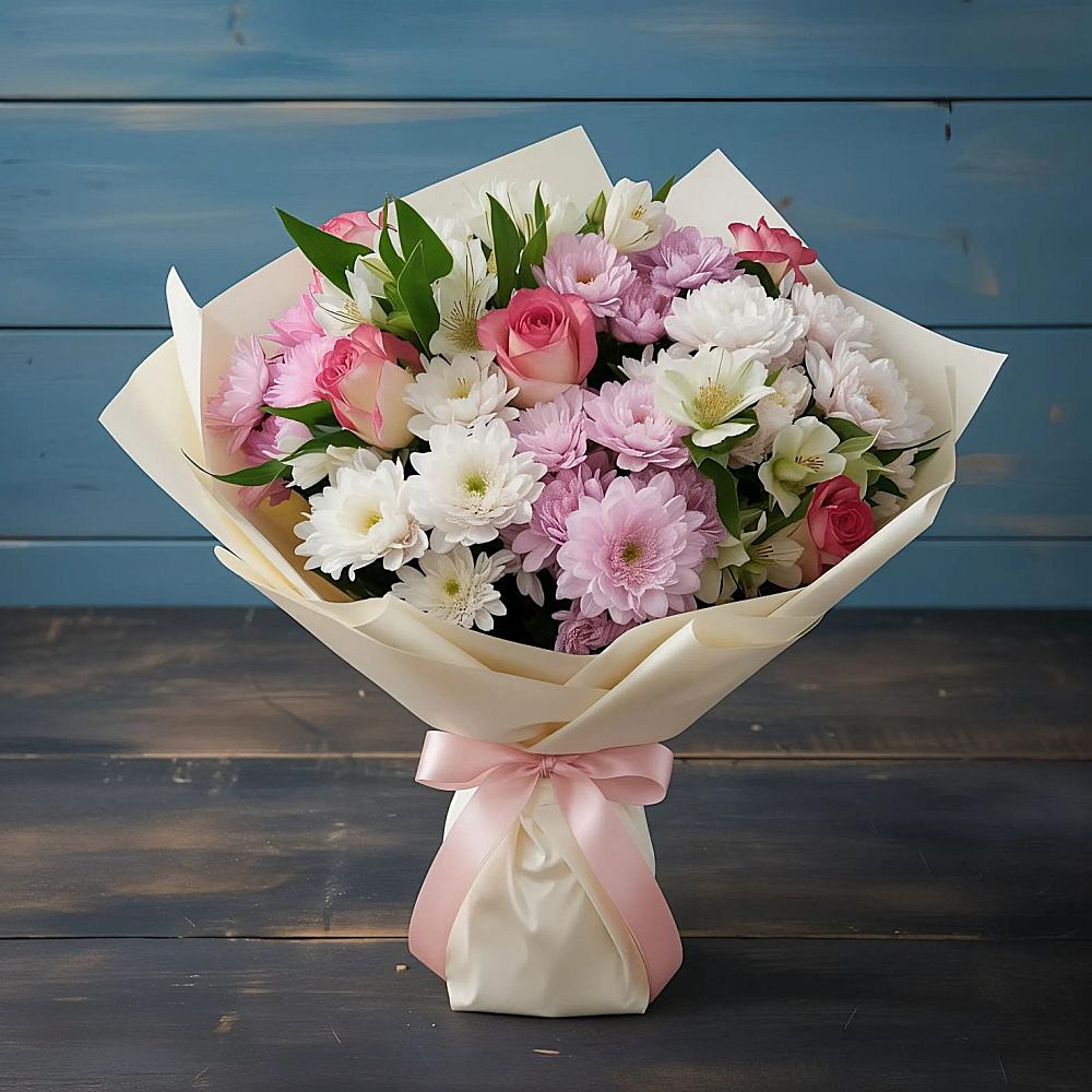 Букет цветов из: Хризантемы, Альстромерии и Розы в Карабаново